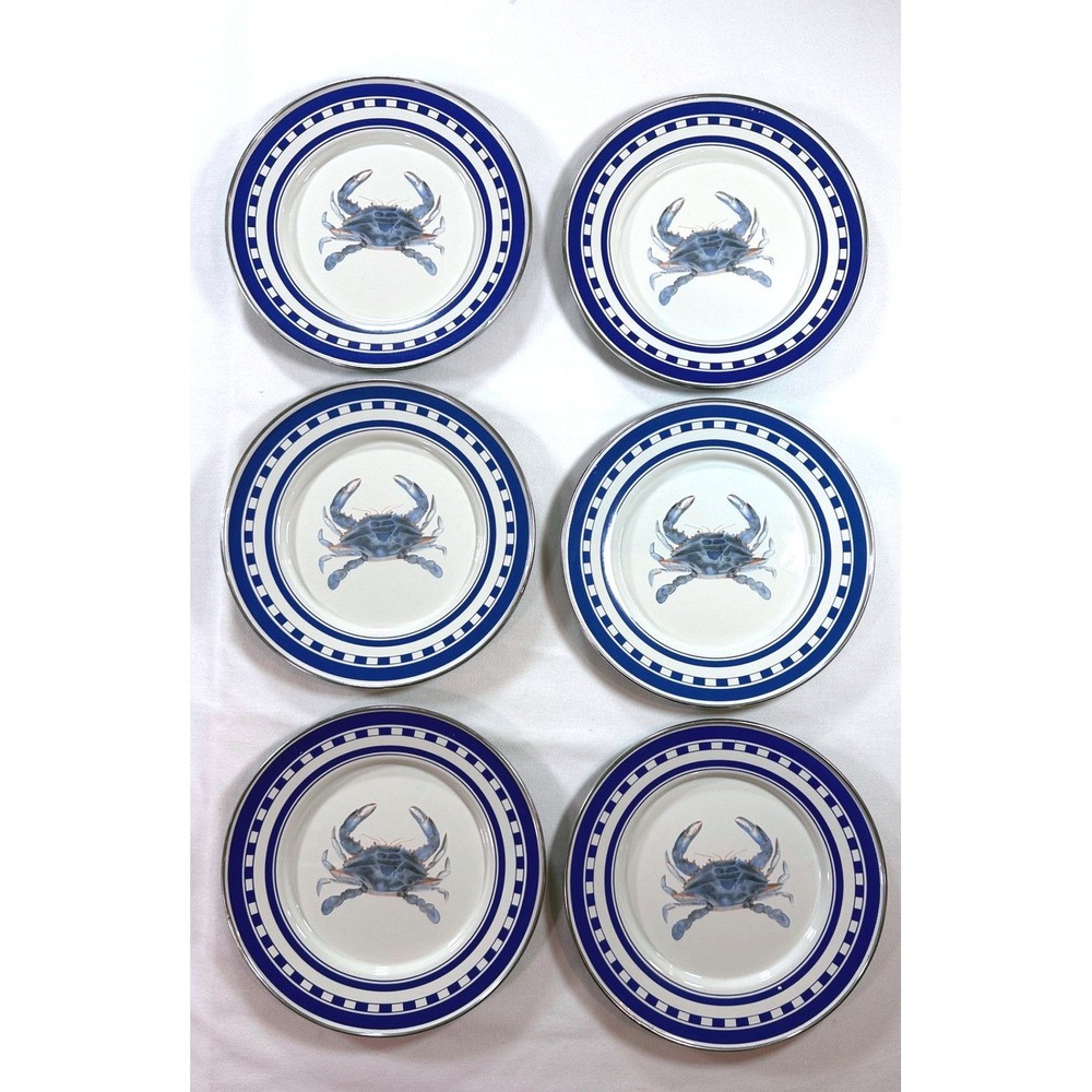 Golden Rabbit Blue Crab Enamelware Sandwich Plates Set of 6 Coastal